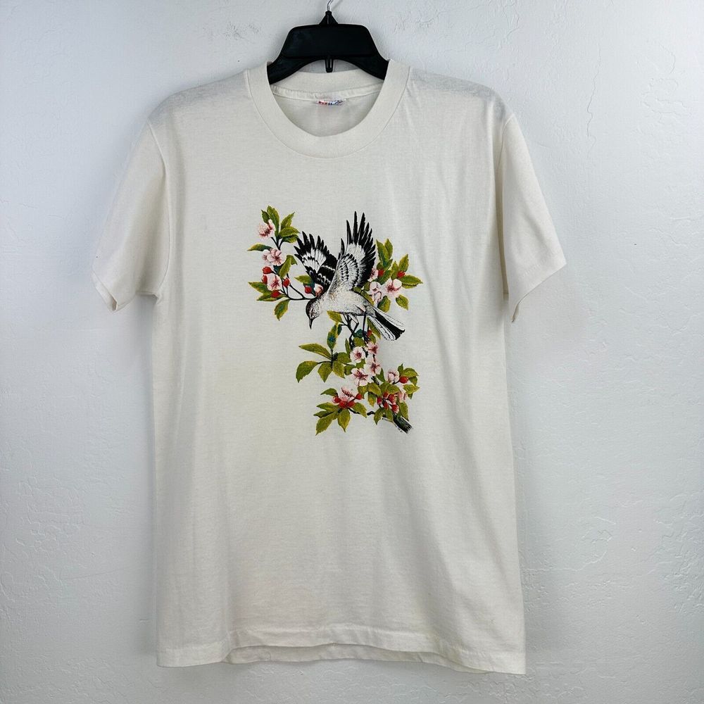 Vintage Hanes Tshirt Mens M White Bird Print Floral Columbus Ohio 1987
